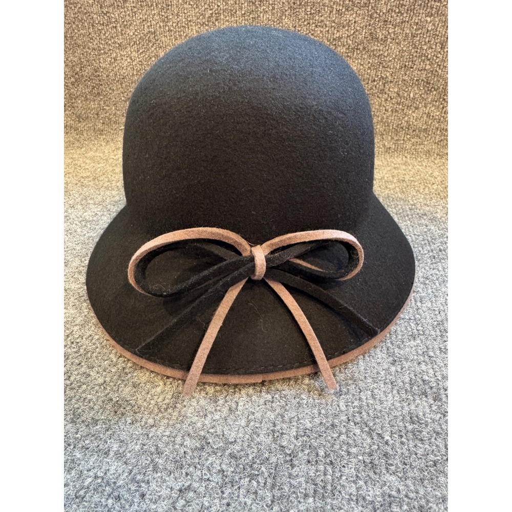 Adora Womens Black 100% Wool Cloche Hat Gray Bow Trim One Size Adjustable